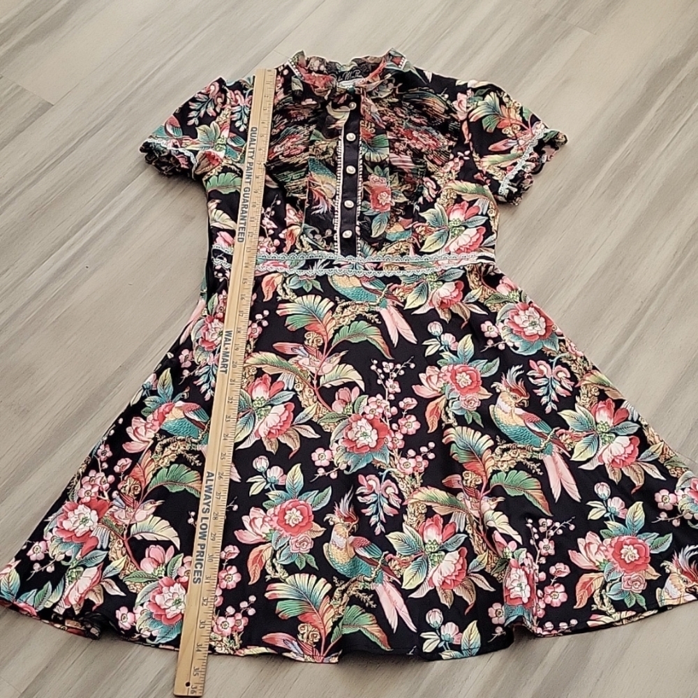 Floral Black Mini Dress with Pink & Teal Accents